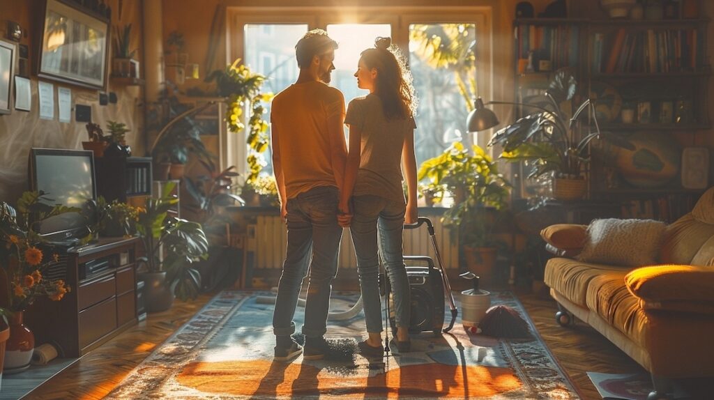 un jeune couple qui nettoie