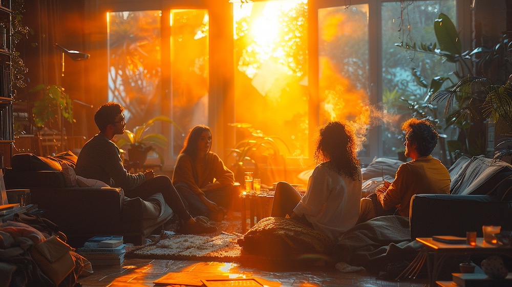 deux couples dans un salon cosy