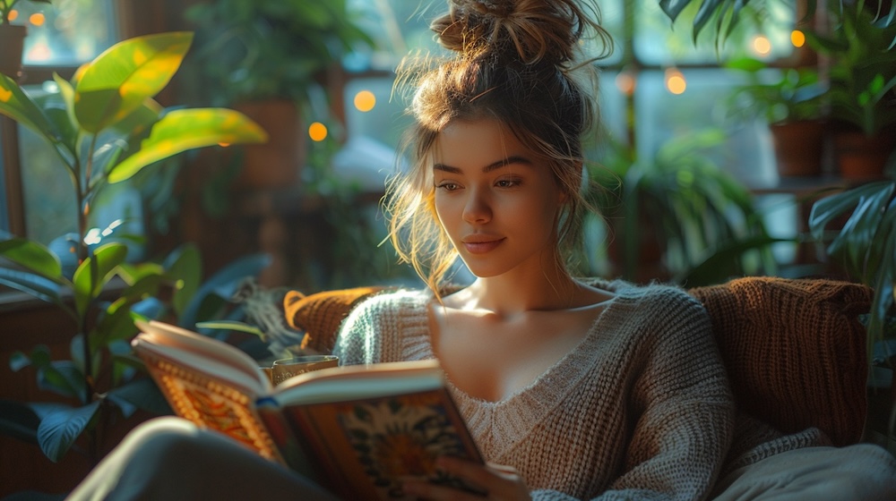 Femme lisant un livre et se relaxant